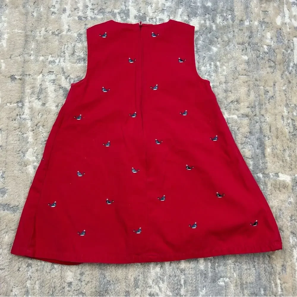 Vintage Gymboree Whale Watching  Embroidered Red Jumper Dress 2003 Sz 3T